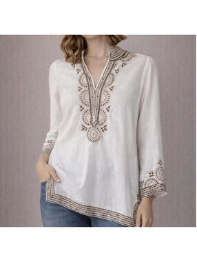 J Crew sz L white and‎ silver embellished linen V neck tunic shirt #3373